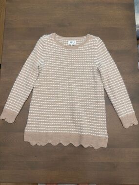 ELLE Beige & White Striped Scallop Hem Sweater Size Small